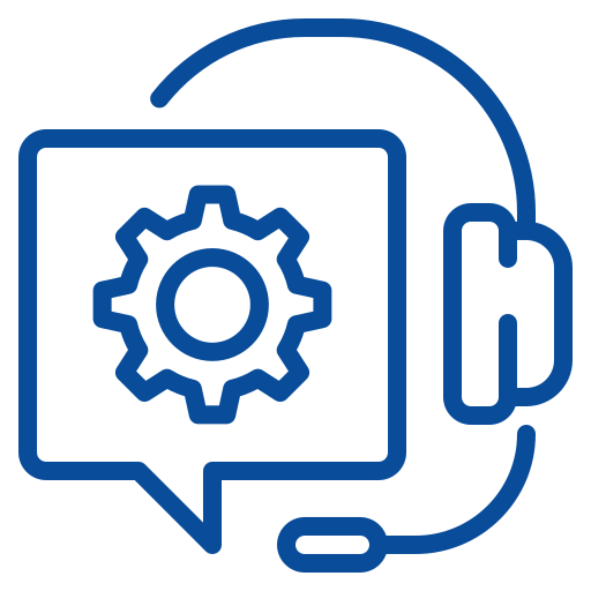 Blue icon of a headset with a speech bubble containing a gearwheel, representing a customer service representative